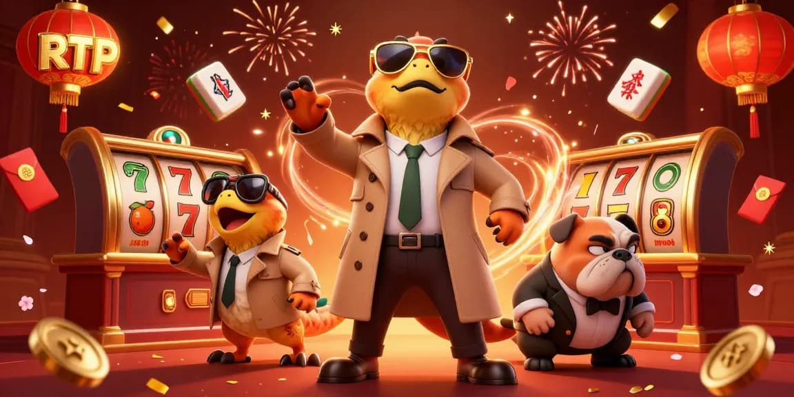 RTP slots action with cartoon raptors in a trench coat amusingly entering a casino lounge.