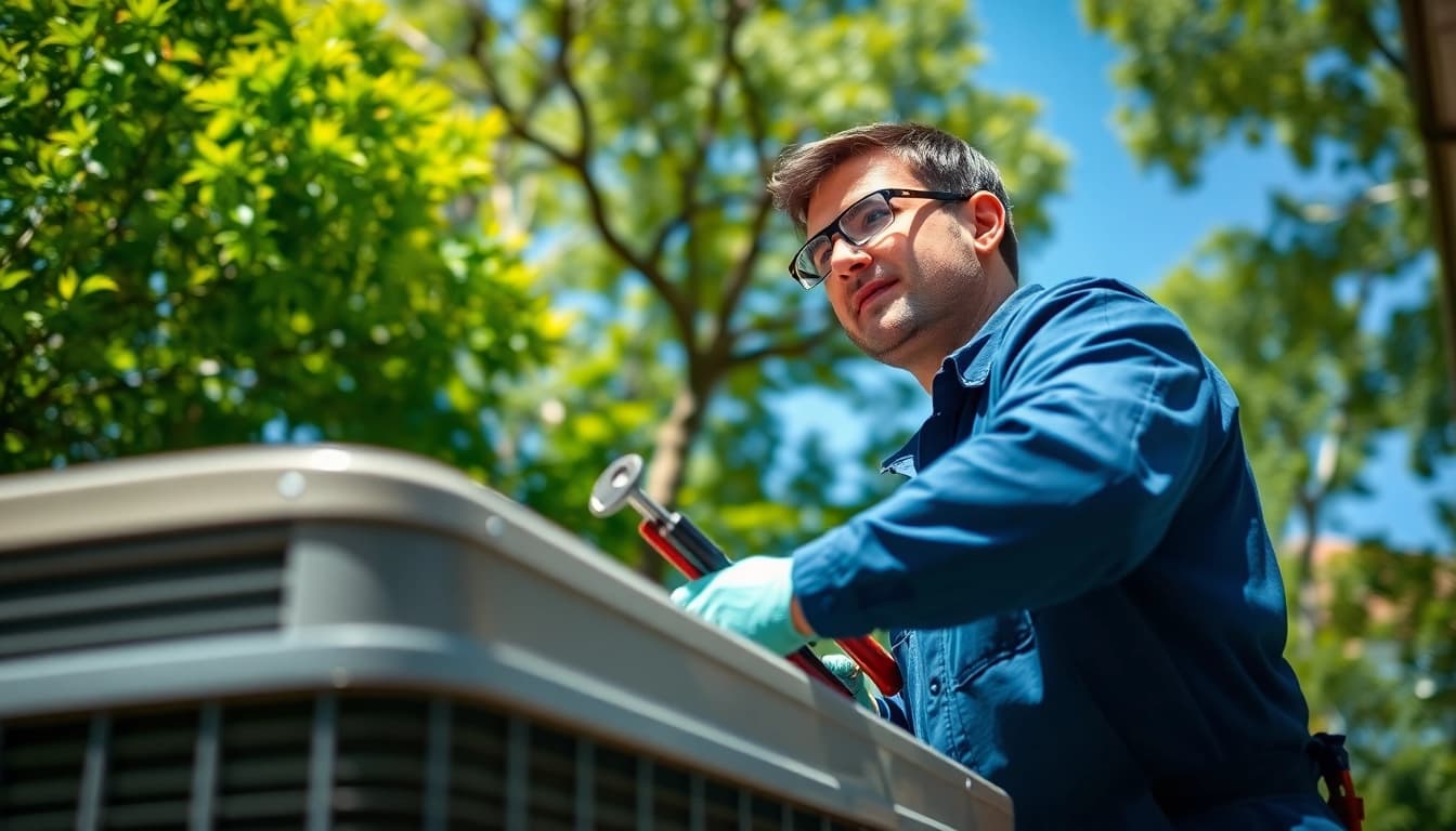Expert HVAC Repair Tampa technician inspecting an air conditioning unit outdoors with tools in hand.