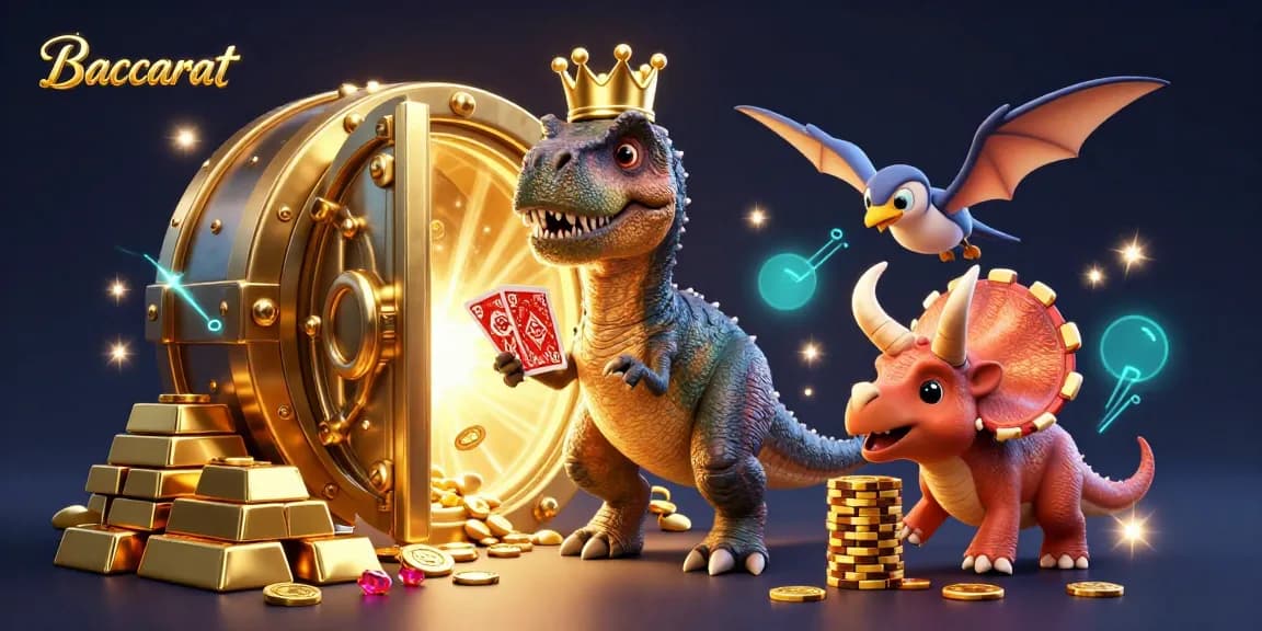 Baccarat-themed 3D illustration shows T-Rex shuffling cards with fun characters amidst sparkling casino treasures.