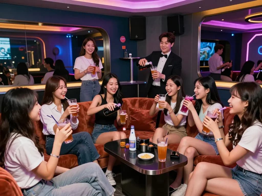 Enjoying drinks and karaoke at 인천쓰리노's vibrant private room