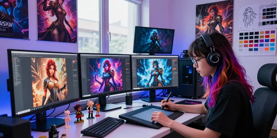 Engaging NSFW character AI design scene showcasing an artist immersed in creating unique digital art.