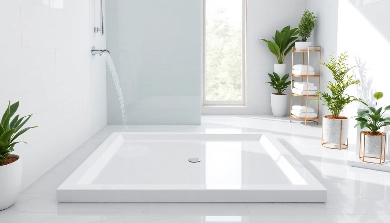 Showcase stylish shower base in a modern bathroom, emphasizing elegance and design.