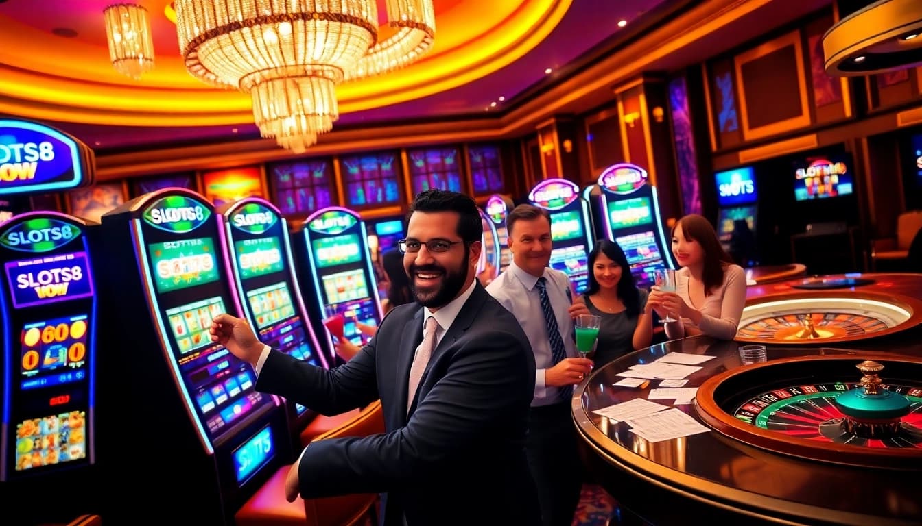 Exciting SLOTS8 gaming scene with players enjoying vibrant slot machines in a luxurious casino.