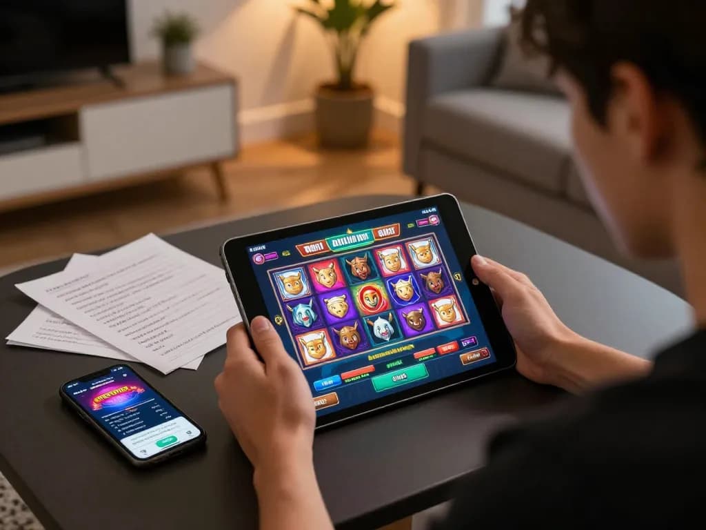 Engaging with slot gacor gampang menang strategies on an online gaming tablet in a cozy setting.