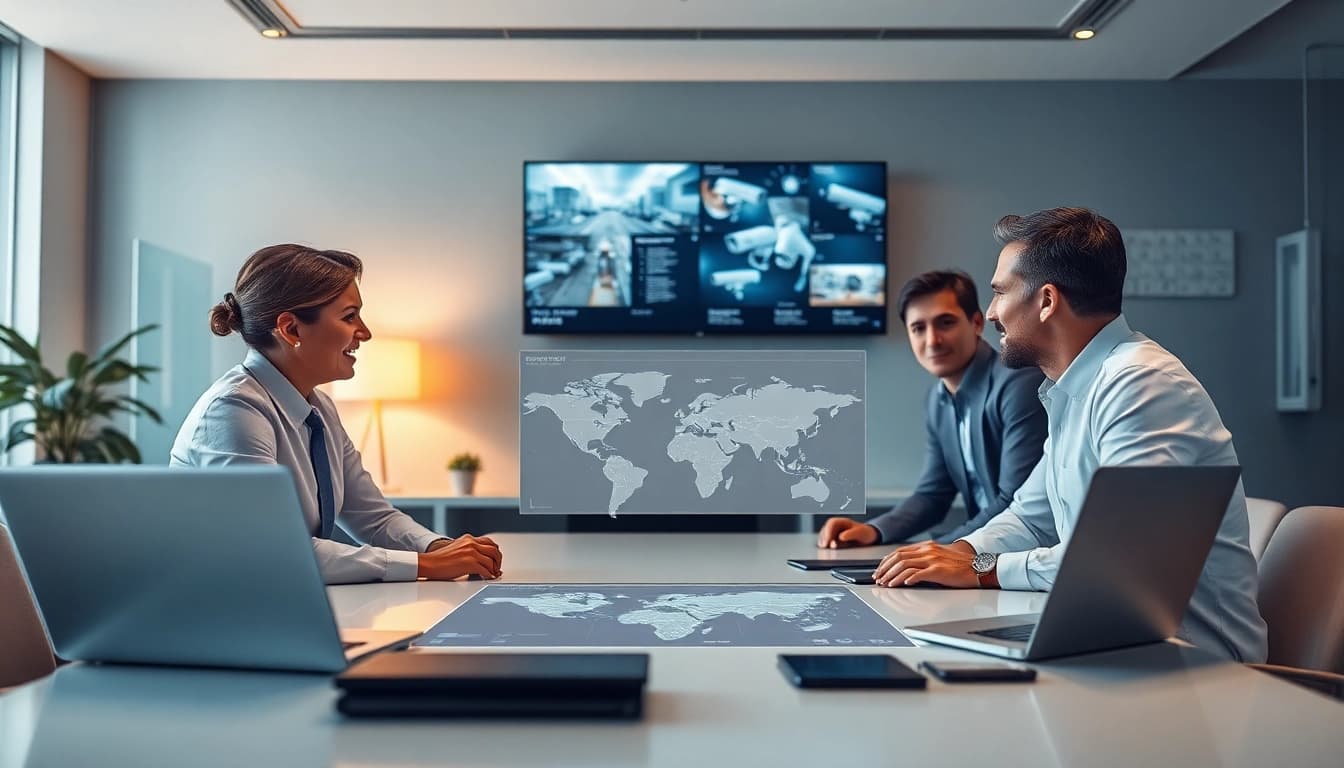 Equipo comprometido discutiendo soluciones de seguridad en una oficina de una empresa de seguridad confiable.