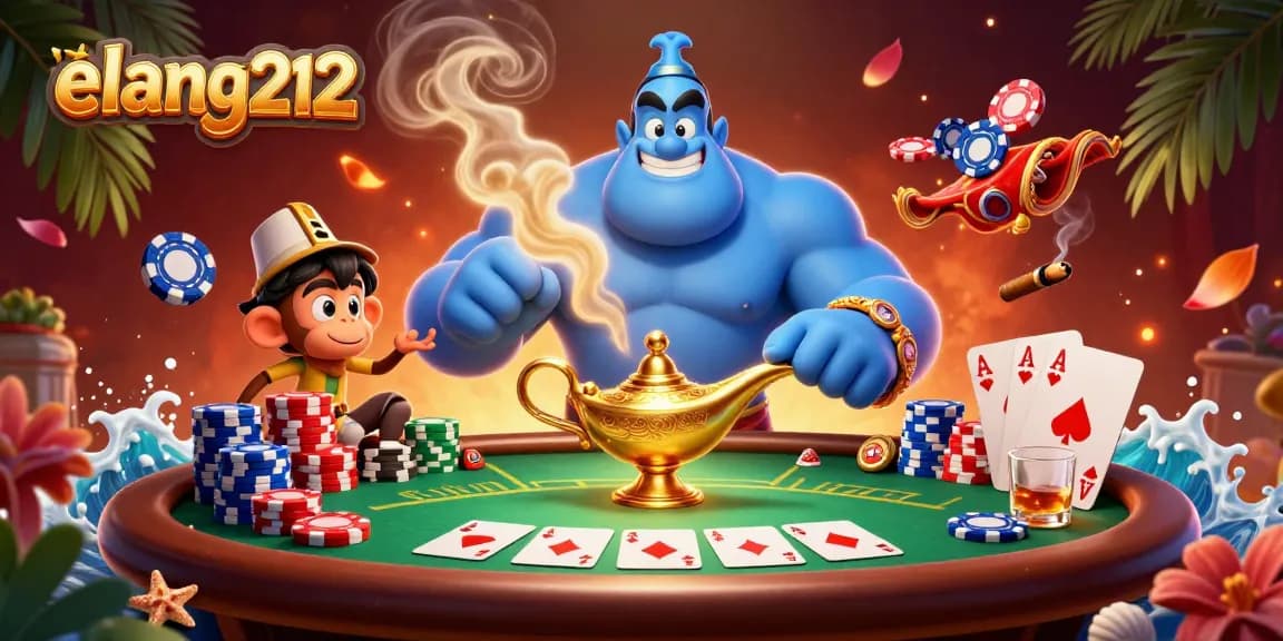 Experience elang212 thrill in a rich 3D casino scene with energetic characters and poker elements.