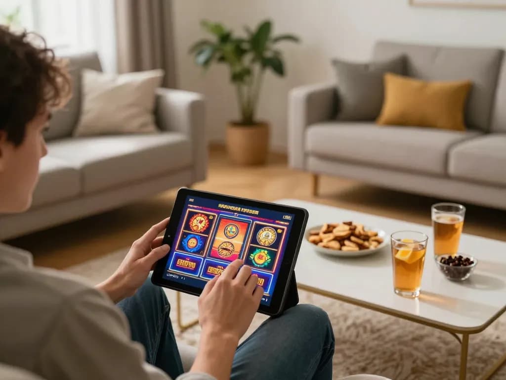 Engaging in slot gacor hari ini on a tablet, excited player in a cozy gaming setup.