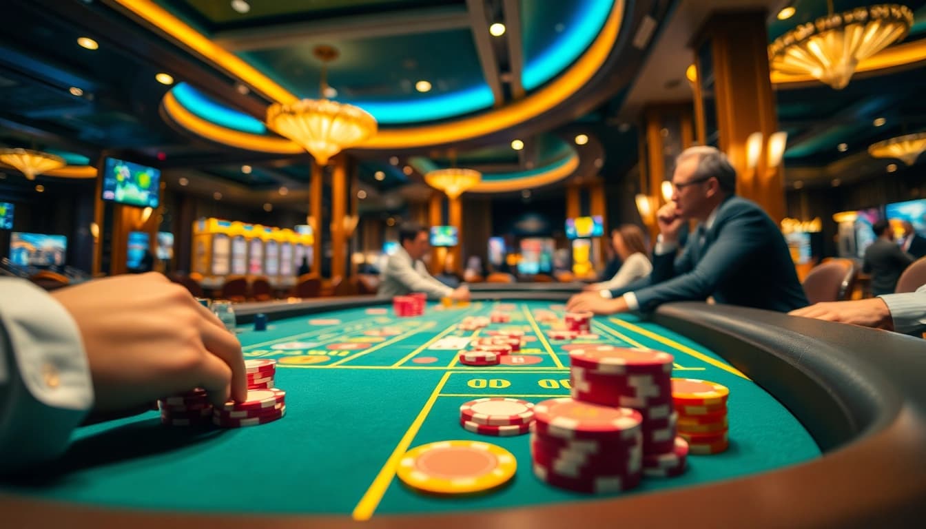 Taruh taruhan di meja kasino ibet44 dengan suasana meriah dan permainan yang mendebarkan.