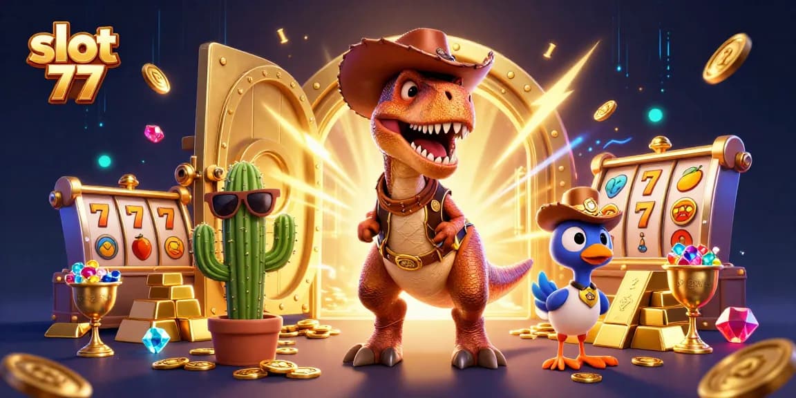 Spin to win with slot 77 in this vibrant casino-themed 3D illustration showcasing exciting game elements.