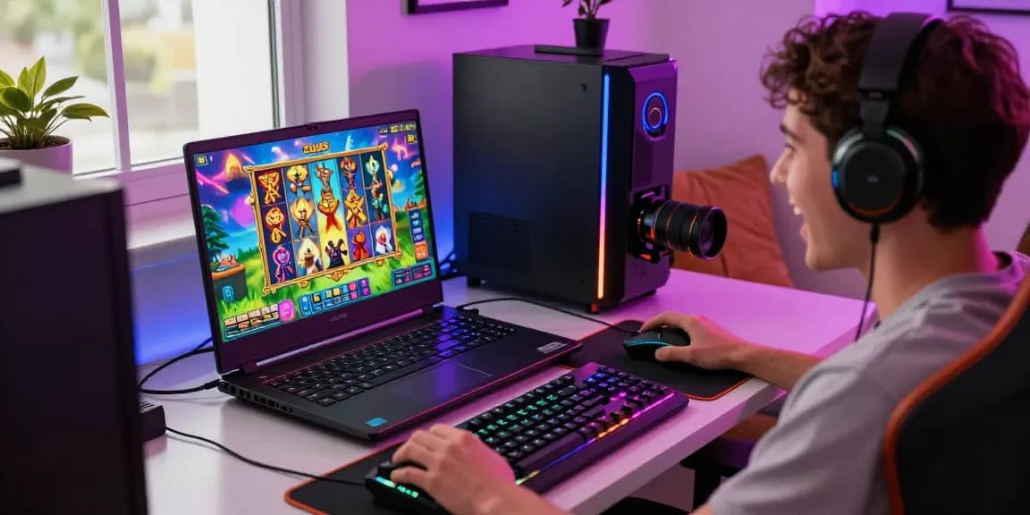 Player enjoying slot zeus on a gaming laptop with colorful graphics and immersive accessories.