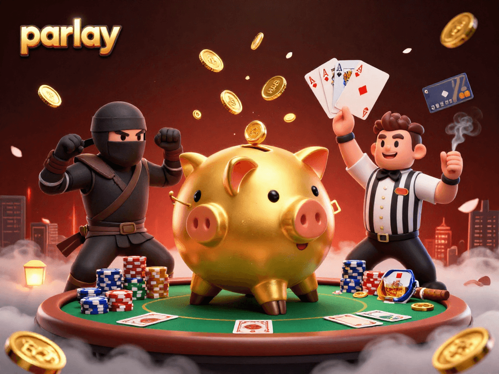 Parlay features an exciting scene with a golden piggy bank sumo wrestler and friends at a poker table.