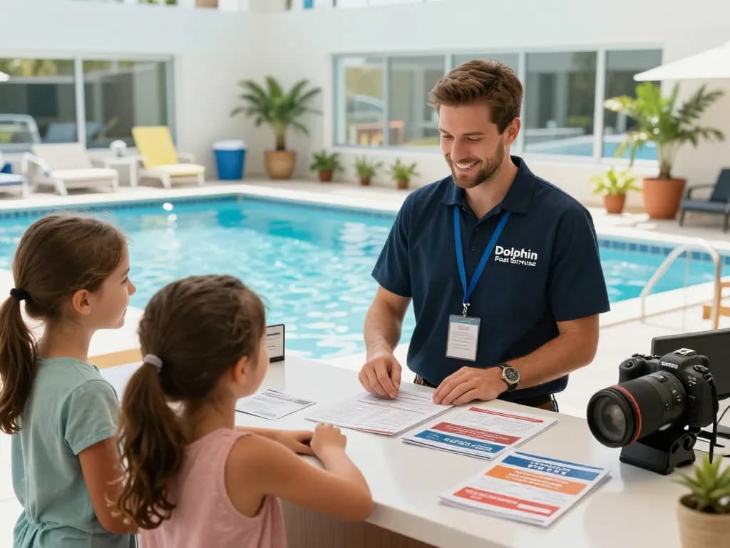 Dolphin Pool Services team assisting a family with pool service options in a bright showroom setting.