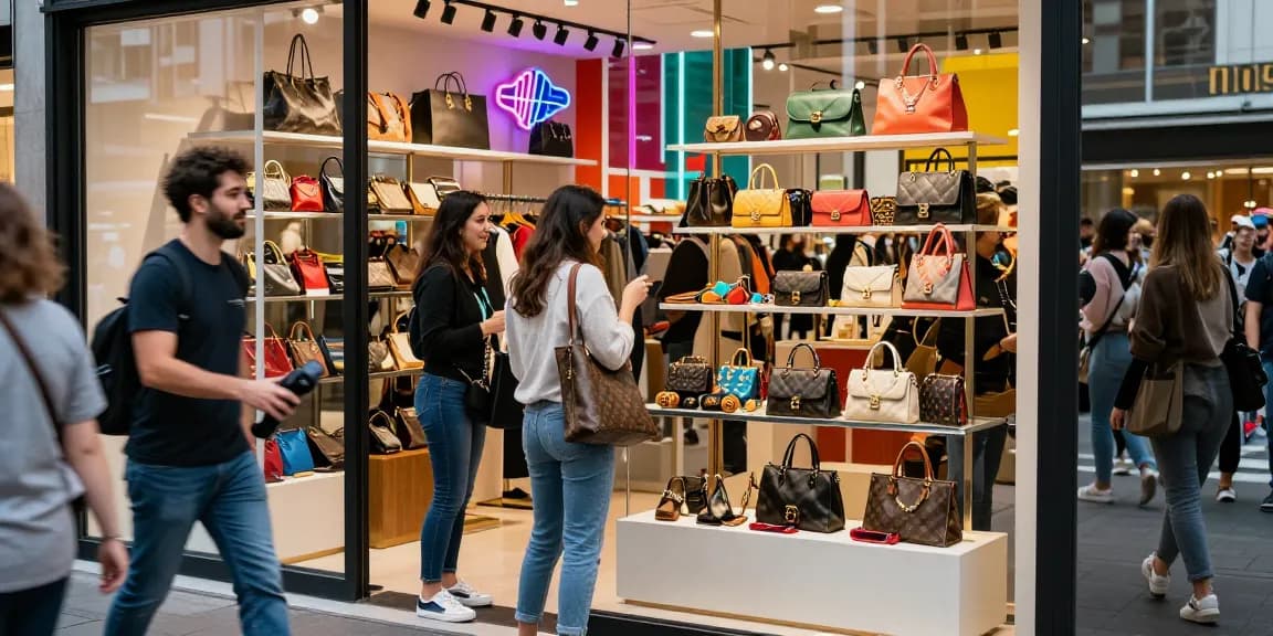 Vibrant shopping scene at a 레플리카 쇼핑몰 with stylish merchandise and a shopper engaging with a salesperson.