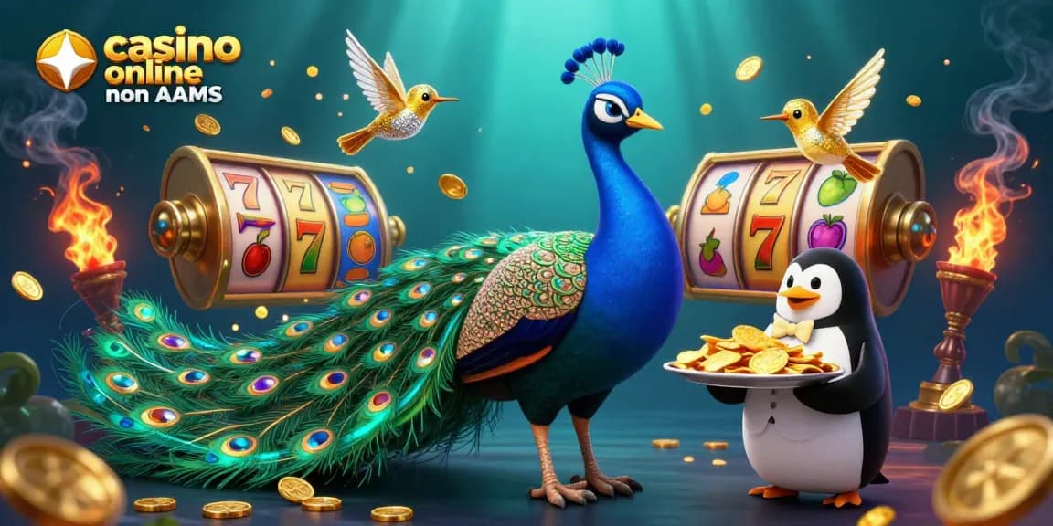Gioca nei casino online non AAMS con slot ricche e un pavone elegante che sfoggia le sue piume preziose.