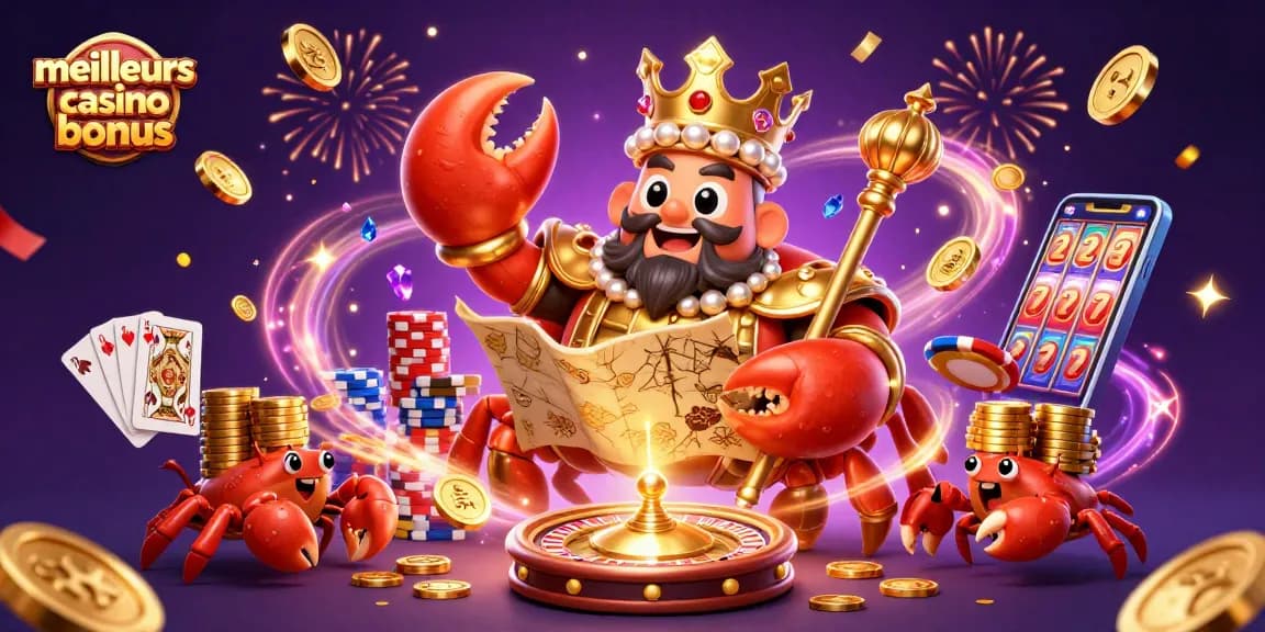 Jouer sur les meilleurs sites de casino avec bonus avec un empereur crab en 3D entouré de richesses et d'éléments de jeux