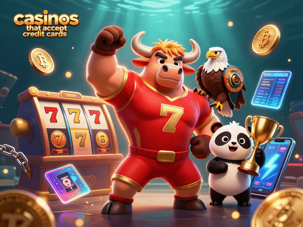 Engage with casinos that accept credit cards featuring a vibrant 3D scene of a bull, eagle, and panda in a lively casino environment.