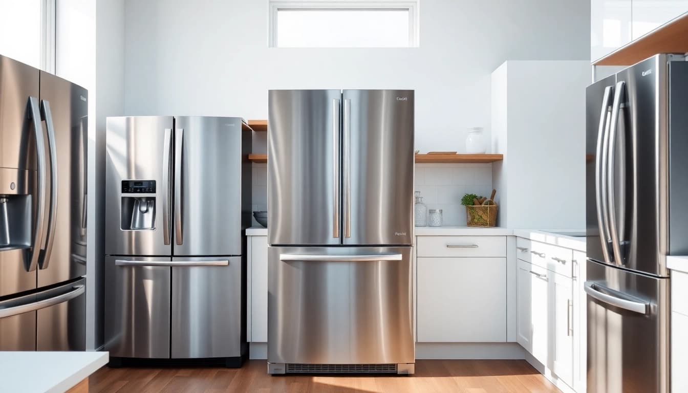 Showcase of diverse refrigerator sales with modern designs in a bright kitchen.