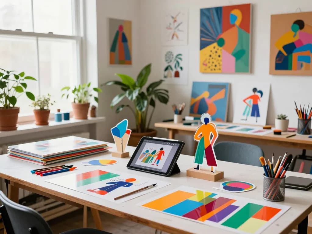 Custom acrylic standee creation process in a vibrant art studio, showcasing design tools and colorful acrylic sheets.