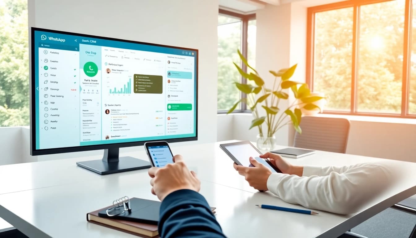 Engaging with WhatsApp Smart CRM interface amidst a modern workspace, highlighting analytics and customer interactions.