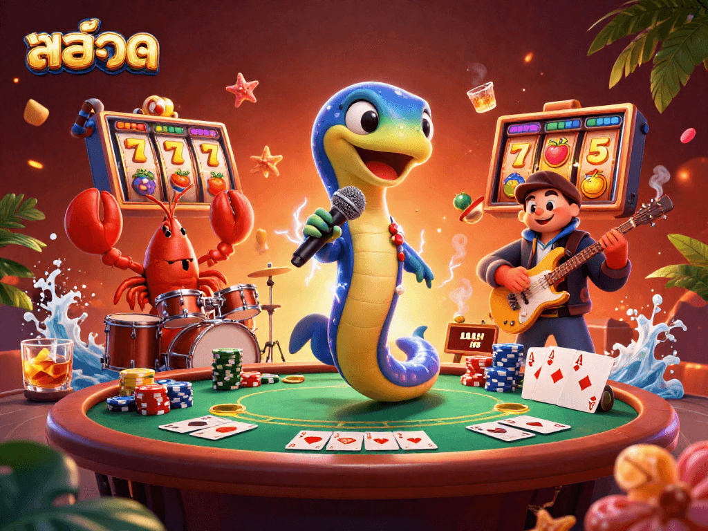 Experience the thrill of สล็อต with a vibrant underwater casino scene featuring a DJ eel and musical friends.