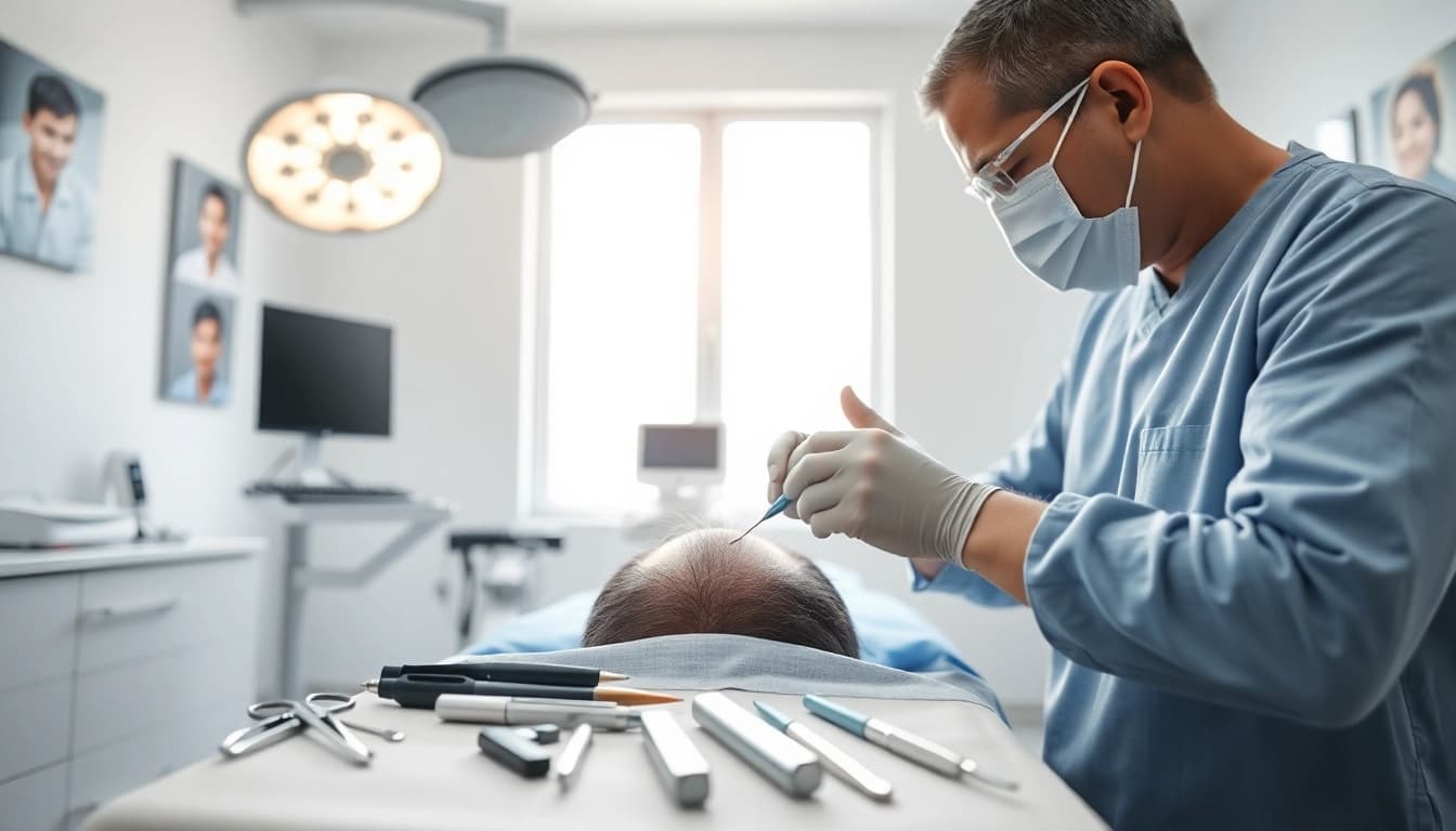 Witness a skilled surgeon conducting a hair transplant istanbul procedure in a serene clinic.