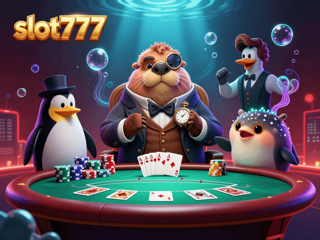 Play exciting slot777 games with a jolly walrus and friends at an underwater casino table.