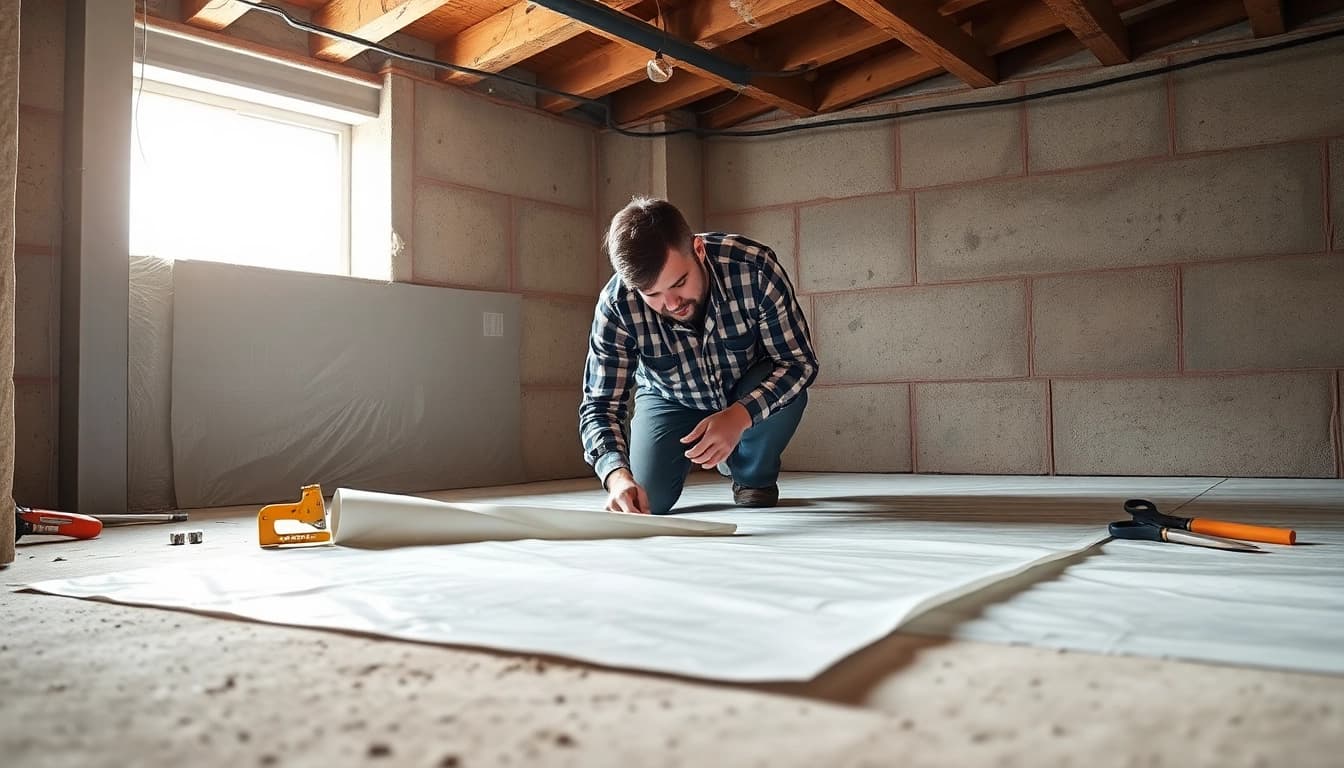 Vapor Barrier Installation being executed by a professional contractor in a basement.