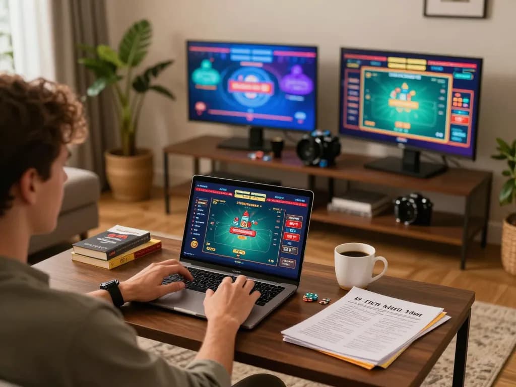 Player enjoying kp88 com online casino gaming on laptop, demonstrating strategic gameplay.
