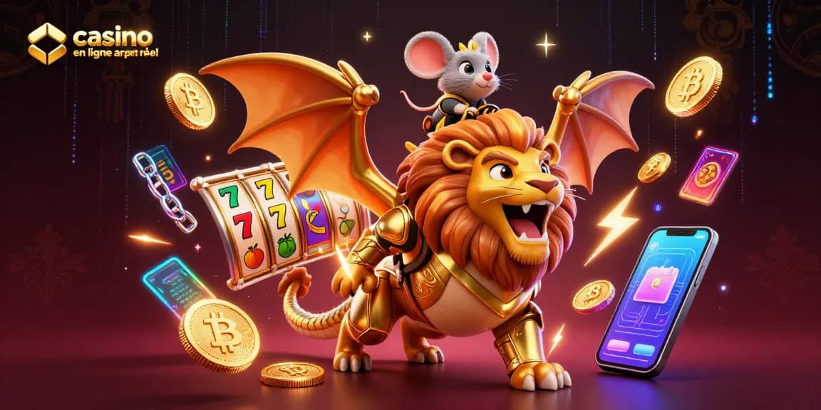 Illustration dynamique d'un casino en ligne argent réel avec des jeux de machines à sous et des éléments de cryptomonnaie.