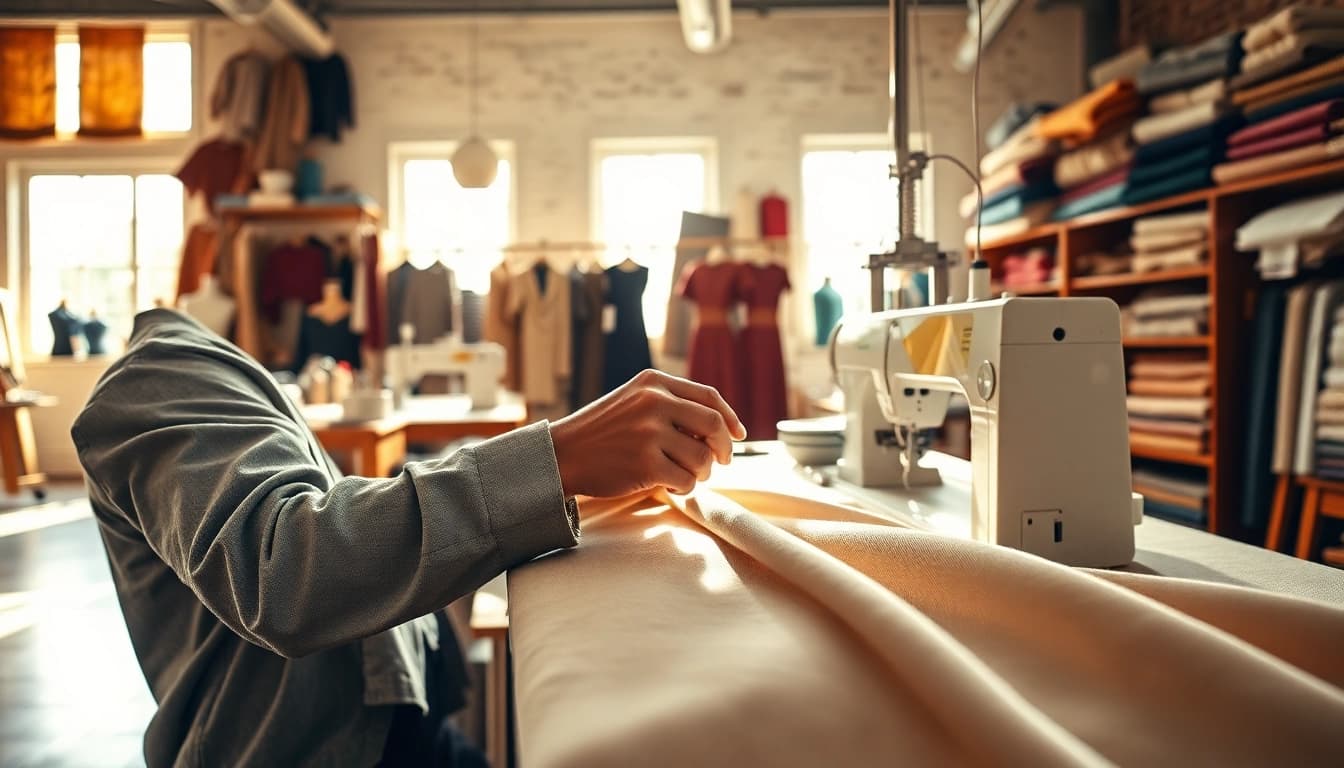 Hands of a High Quality Clothing Manufacturer expertly sewing luxurious linen fabric.