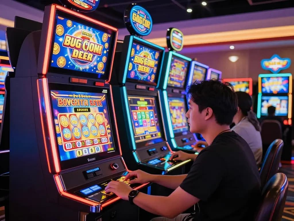 Pemain yang antusias berinteraksi dengan mesin slot gacor di suasana kasino yang ramai.