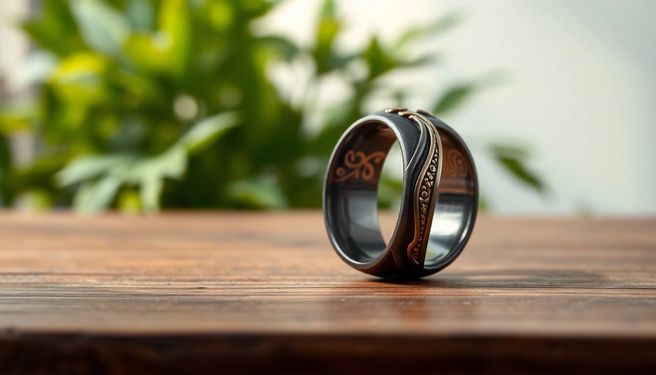 Showcasing Unique Wedding Bands for Men with intricate designs and luxury finishes on a rustic table.