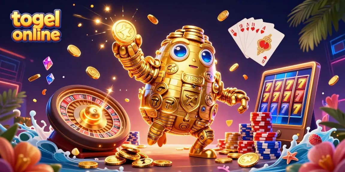 Mengalami permainan togel online yang menarik dengan ilustrasi 3D golem emas dan simbol mesin slot.