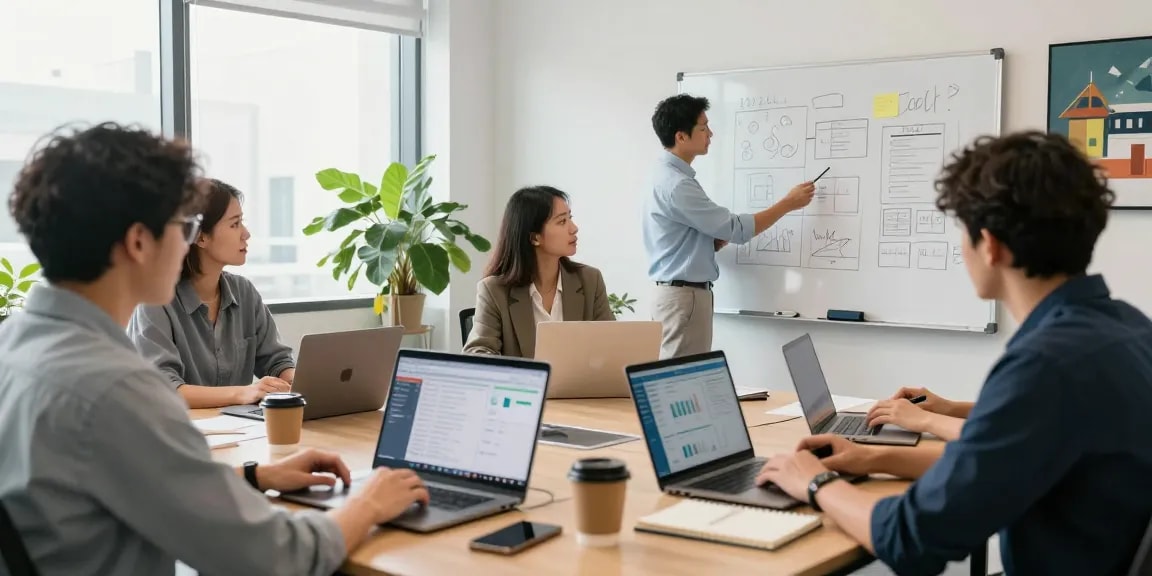 Collaborative workspace featuring diverse professionals discussing data analytics at https://factors.org.uk in a modern office setting.