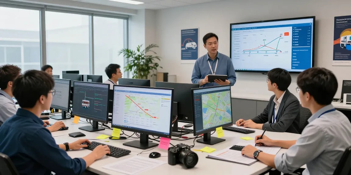 Professionelles Team bei der Planung von Speditionen Dortmund, digitale Transportdaten und Zeitpläne sichtbar.