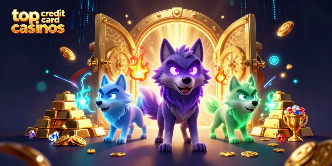 Experience the thrill of top credit card casinos with glowing wolves, treasures, and casino elements.