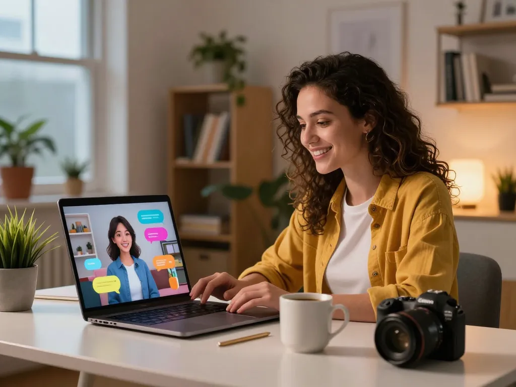 User chatting with an AI girlfriend on laptop, showcasing cozy home office vibe.