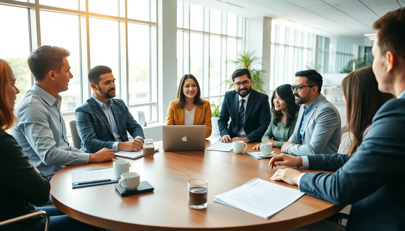 Mediation session with diverse participants engaged at a round table in a modern office.