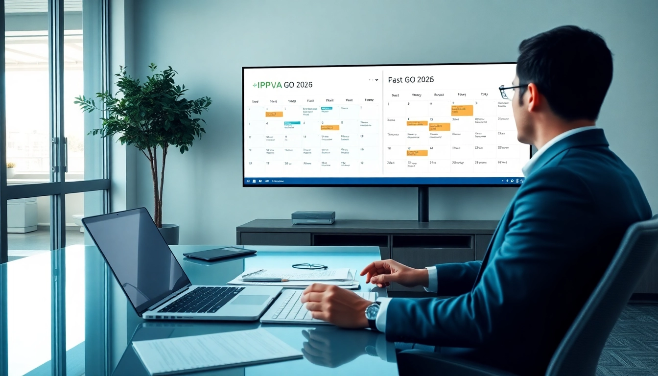 Professional checking the IPVA GO 2026 calendar on a digital screen in a modern office setting.