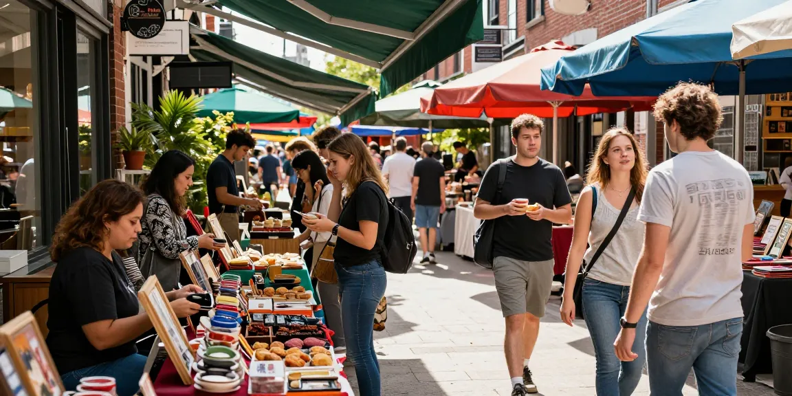 Dynamic urban shopping experience in Seoul with locals engaging at marketplace, showcasing handmade crafts and foods.