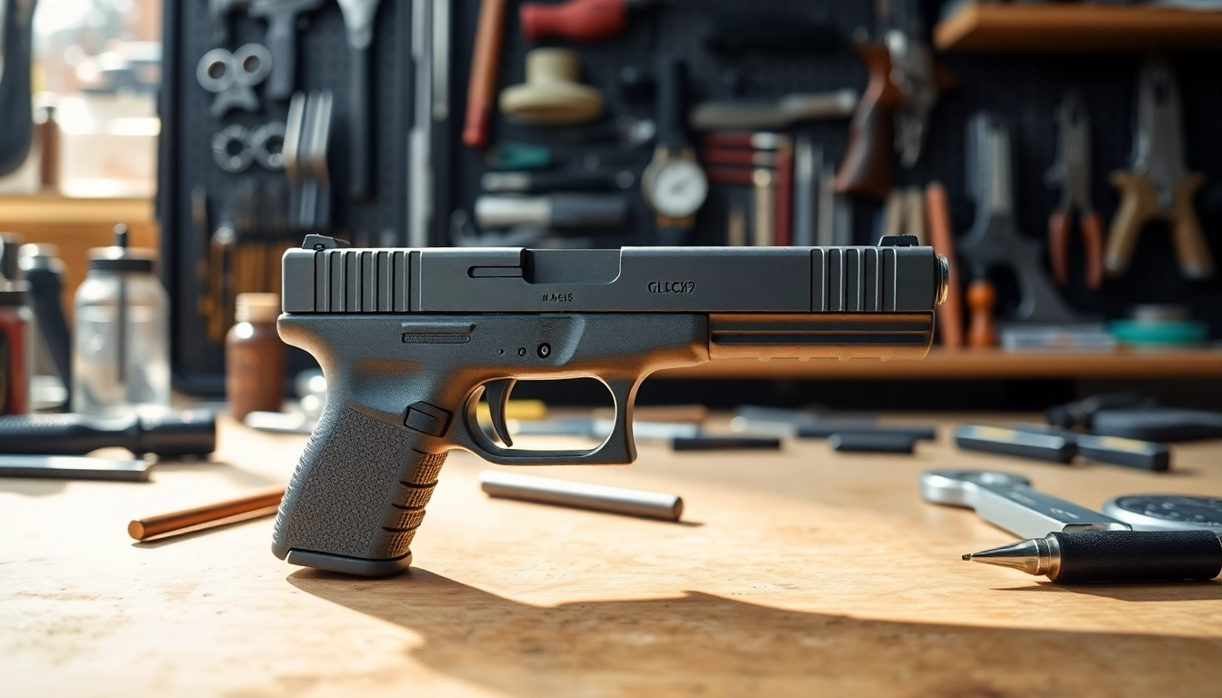 Showcasing the glock 19 slide highlighting its intricate design and craftsmanship on a workbench.
