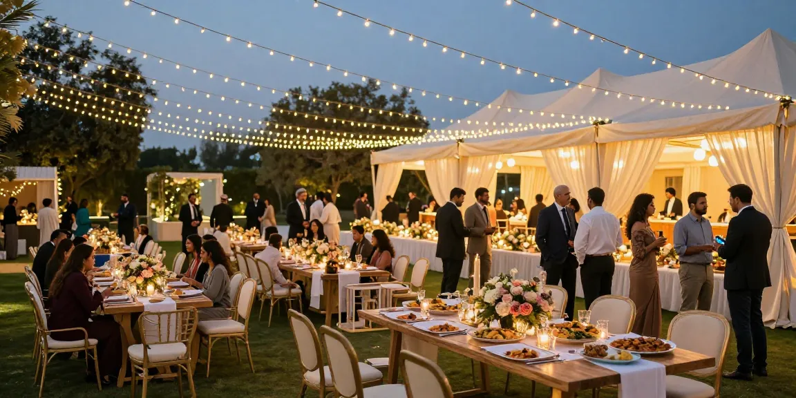 Event rental KSA featuring an elegant outdoor setup with premium catering and floral arrangements.