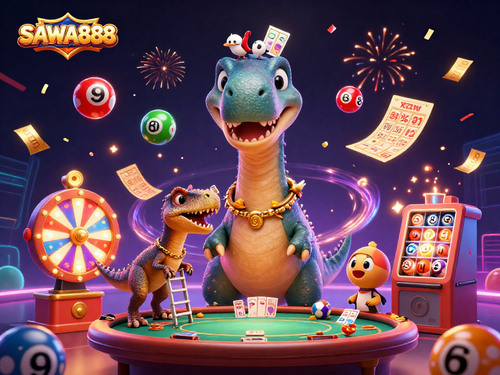 Join the fun at SAWA888, featuring a vibrant 3D scene with a dinosaur card dealer and dynamic lottery elements.