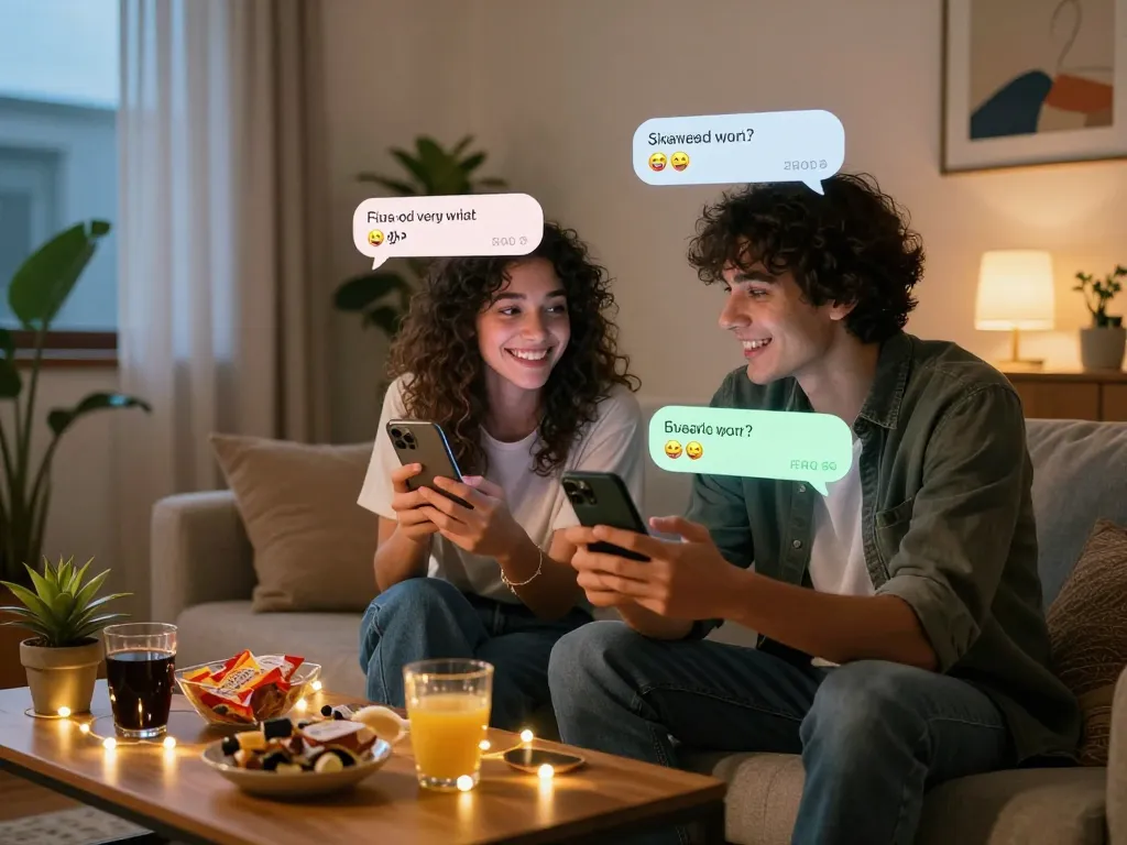 Couple enjoying sexting AI interactions in cozy apartment with smartphones.