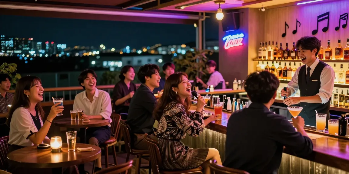 Exciting 제주유흥 nightlife scene with friends singing karaoke and enjoying drinks in a vibrant bar atmosphere.