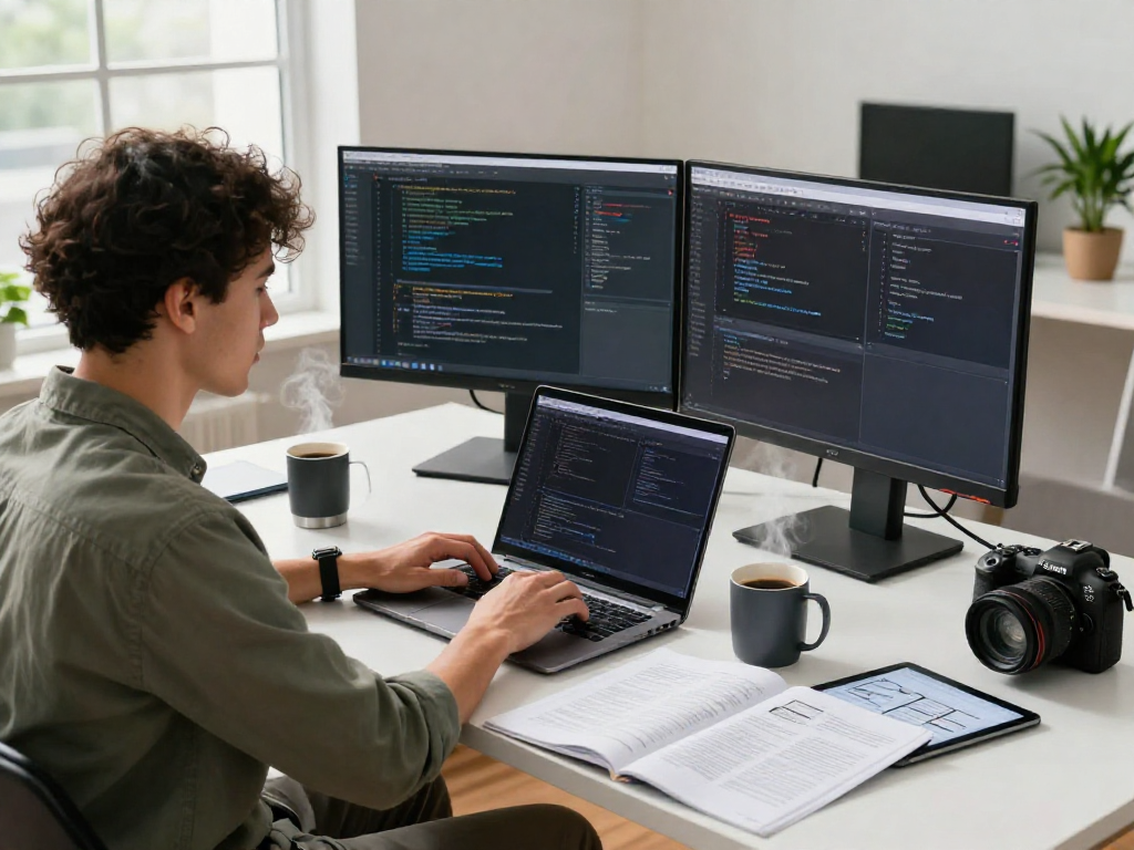 Developer engaging in coding and application design using Crushon tools in a modern workspace.