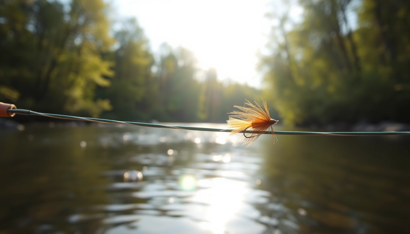 Catch the beauty of a fly fishing line in a tranquil river scene surrounded by nature.