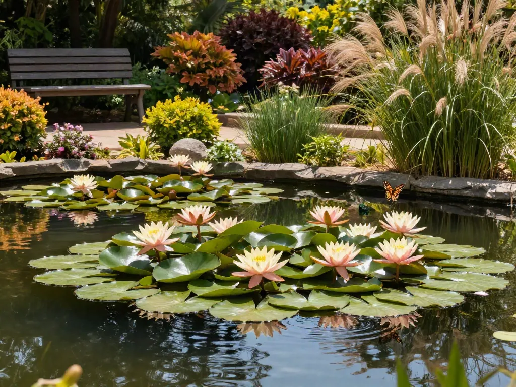 Vivid water lilies blooming in a serene pond garden, showcasing peaceful aquatic beauty.
