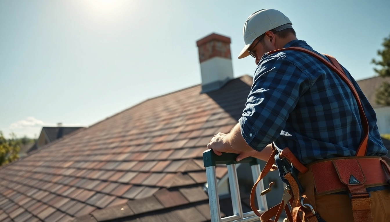 Roof repair technician analyzes roof condition during an inspection.