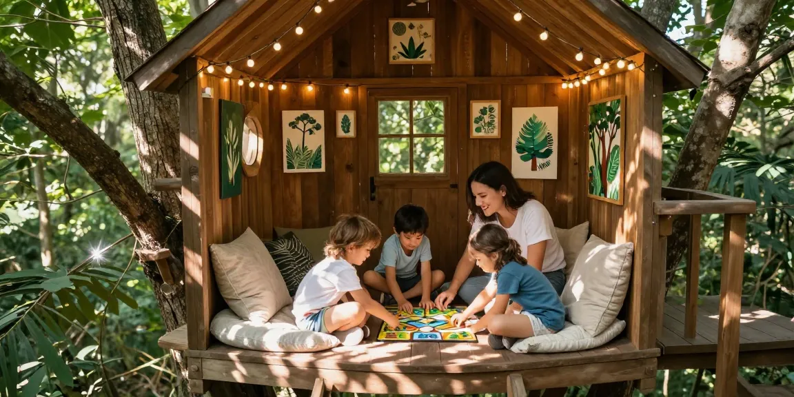 Family playing games inside a charming treehouse amidst lush greenery.
